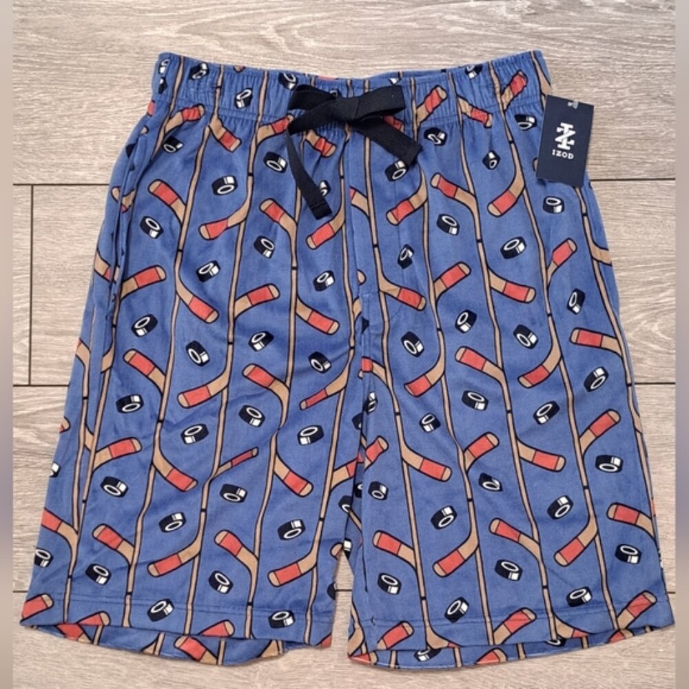 Brand New IZOD Men's Blue Hockey Stick Silky Fleece Patterned  Sleep Shorts